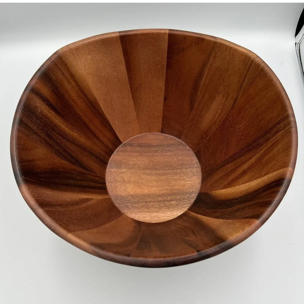 Lipper International Acacia Wood Salad Bowl 12in Brown Wavy Rim NWOT